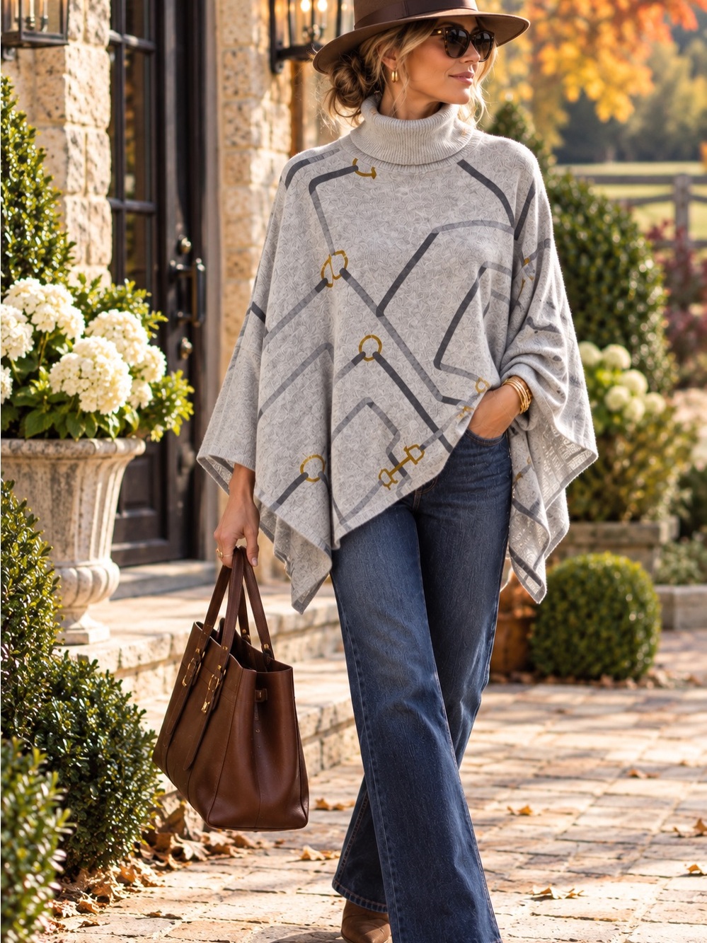 J. McLaughlin 100% Cashmere Horsebit Grey Poncho Cape Turtleneck Equestrian NWT